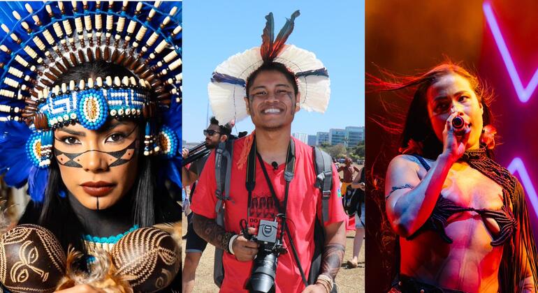 《联合国新闻》播客采访了马尔西埃莱·阿尔布克尔克·蒙杜鲁库（Marciele Albuquerque Munduruku）、卡埃·瓜贾贾拉（Kaê Guajajara ）和克里斯蒂安·瓦里乌（Cristian Wariu），探讨新一代如何通过文化、传播和数字平台捍卫土著人权利。他们分享了各自领地内气候变化的亲身经历 。